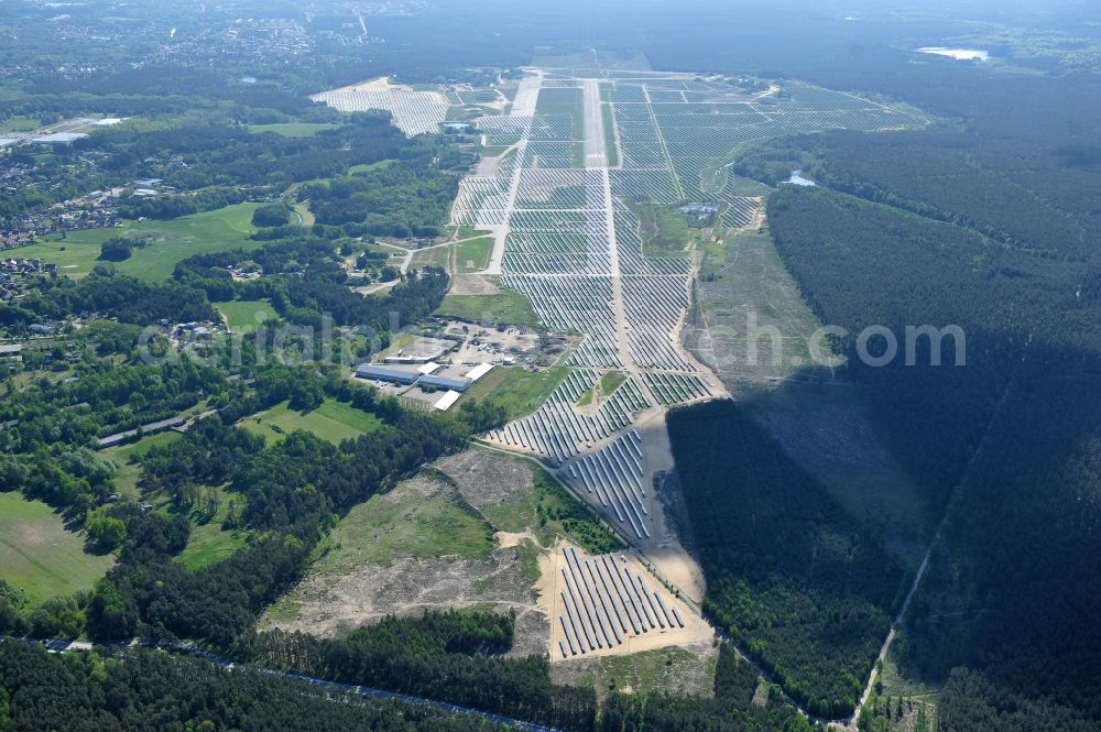 Eberswalde from above - Solar power plant and photovoltaic systems on the airfield in the district Finow in Eberswalde in the state Brandenburg, Germany