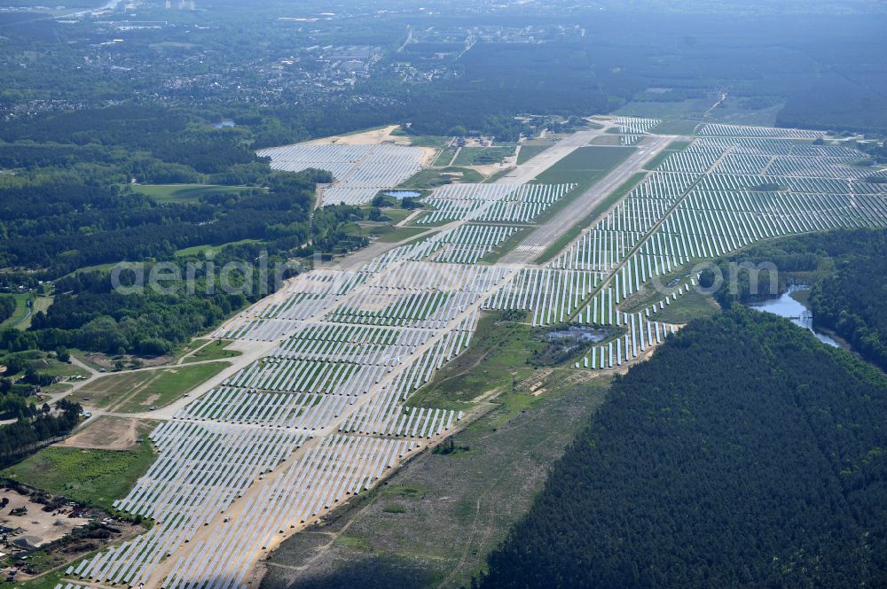 Eberswalde from the bird's eye view: Solar power plant and photovoltaic systems on the airfield in the district Finow in Eberswalde in the state Brandenburg, Germany