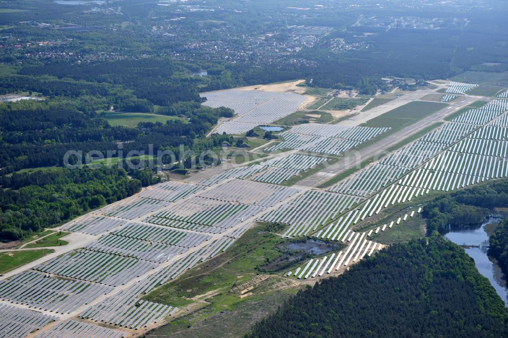 Aerial image Eberswalde - Solar power plant and photovoltaic systems on the airfield in the district Finow in Eberswalde in the state Brandenburg, Germany