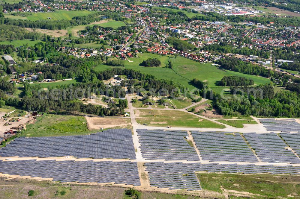 Eberswalde from above - Solar power plant and photovoltaic systems on the airfield in the district Finow in Eberswalde in the state Brandenburg, Germany