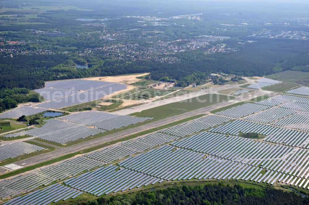 Eberswalde from the bird's eye view: Solar power plant and photovoltaic systems on the airfield in the district Finow in Eberswalde in the state Brandenburg, Germany