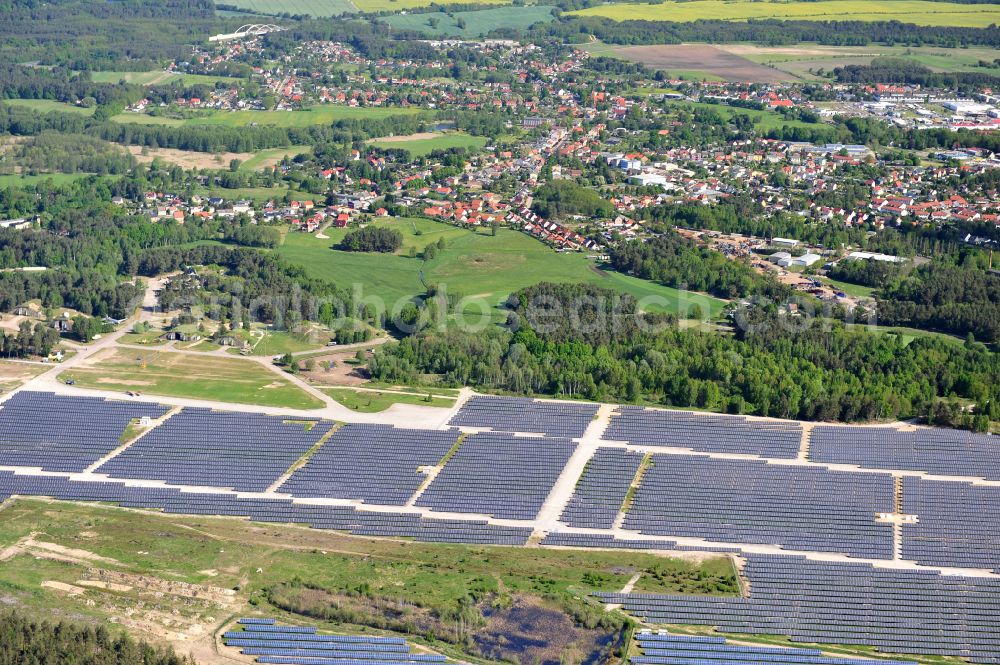 Aerial image Eberswalde - Solar power plant and photovoltaic systems on the airfield in the district Finow in Eberswalde in the state Brandenburg, Germany