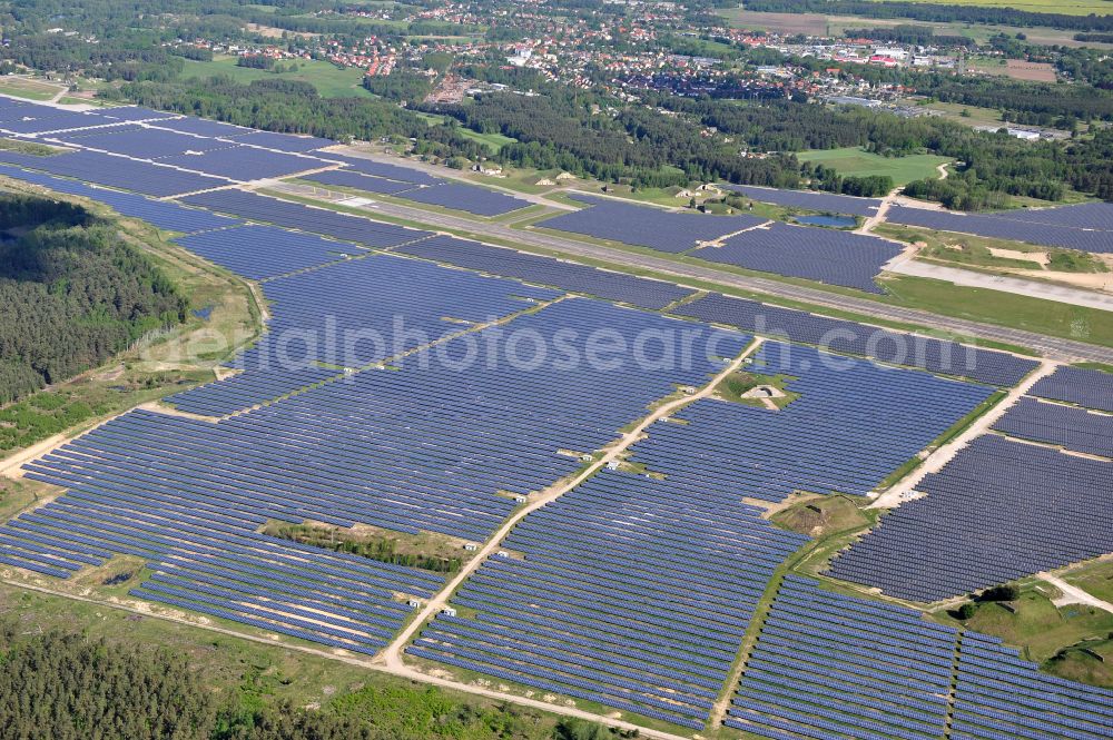 Eberswalde from above - Solar power plant and photovoltaic systems on the airfield in the district Finow in Eberswalde in the state Brandenburg, Germany