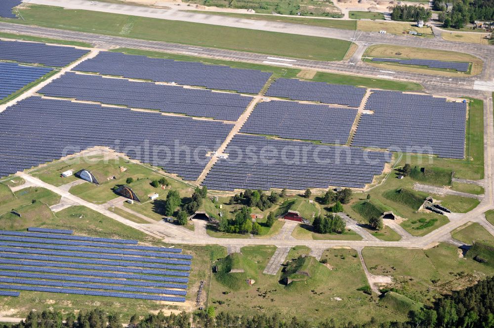 Eberswalde from the bird's eye view: Solar power plant and photovoltaic systems on the airfield in the district Finow in Eberswalde in the state Brandenburg, Germany