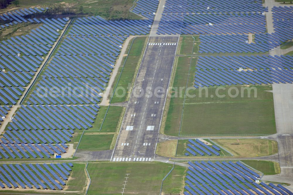 Eberswalde from the bird's eye view: Solar power plant and photovoltaic systems on the airfield in the district Finow in Eberswalde in the state Brandenburg, Germany