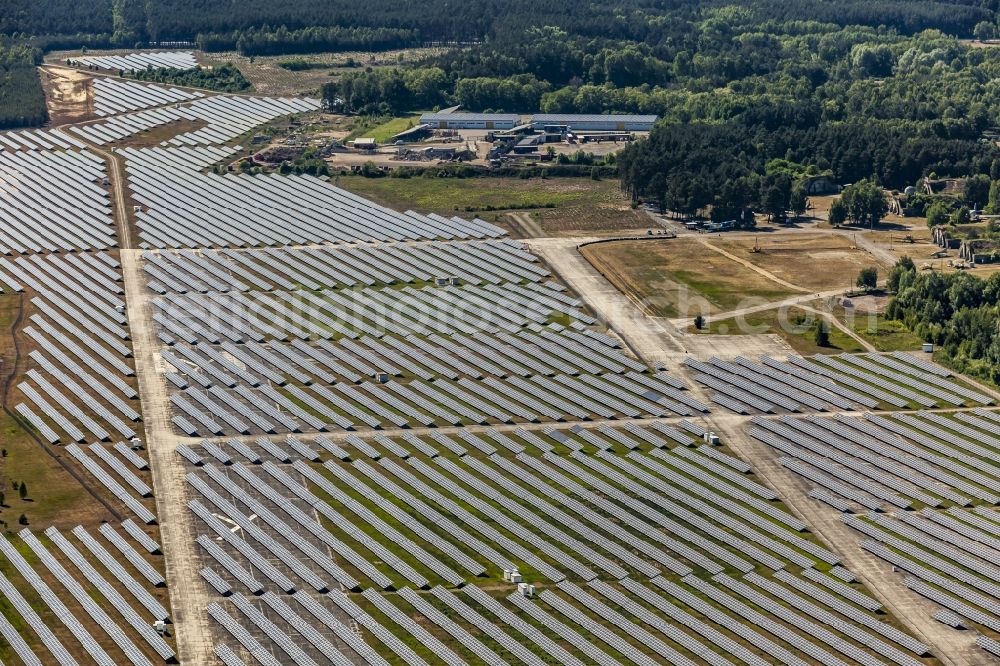 Schorfheide from the bird's eye view: Solar power plant and photovoltaic systems on the airfield in Schorfheide in the state Brandenburg