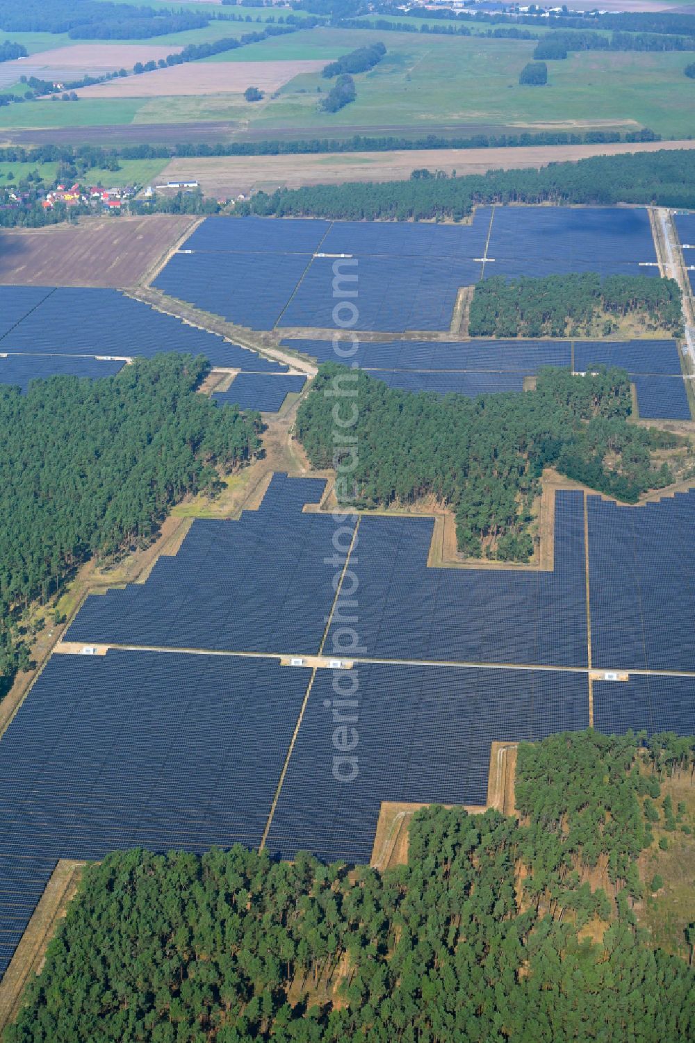 Aerial image Schiebsdorf - Solar power plant and photovoltaic systems in a forest area in Schiebsdorf in the state Brandenburg, Germany