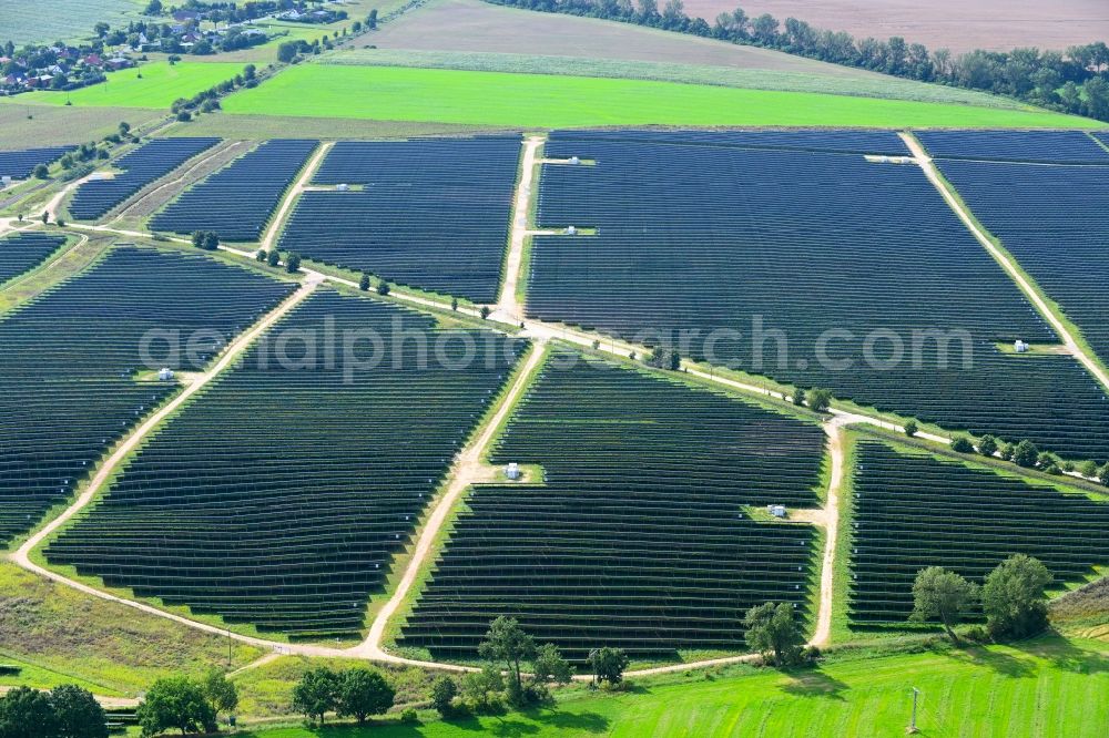 Silbermühle from above - Solar power plant and photovoltaic systems in Silbermuehle in the state Mecklenburg - Western Pomerania, Germany