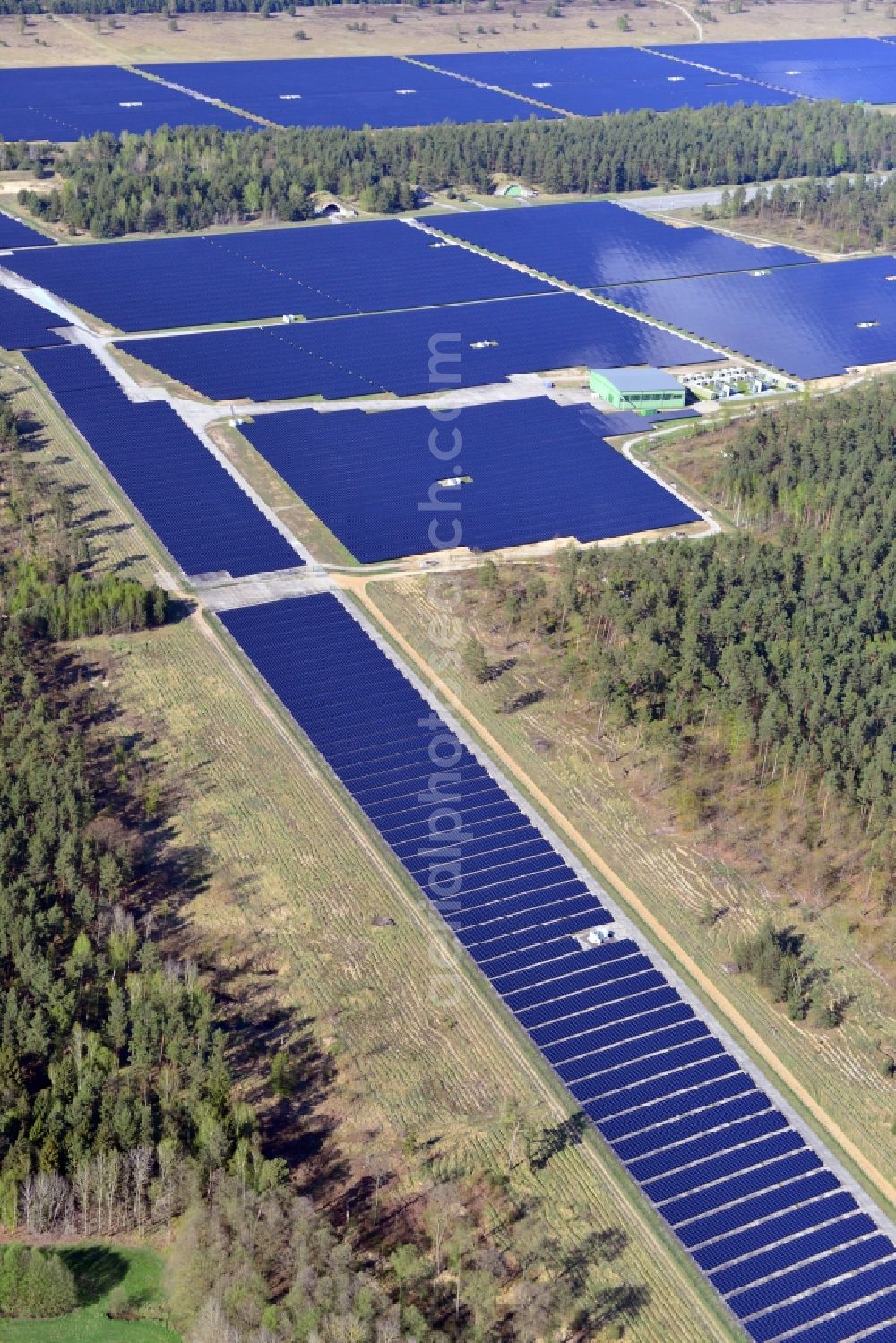 Templin, Groß Dölln from above - View onto the solar power plant Templin-Gross Doelln at the former airfield Templin in the state Brandenburg