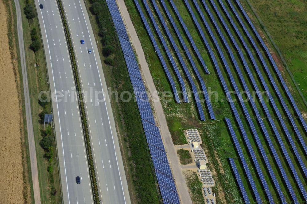 Rüdersdorf from above - Solar panels of the solar power plant along the motorway E4 motorway - A40 at Ruedersdorf in Thuringia