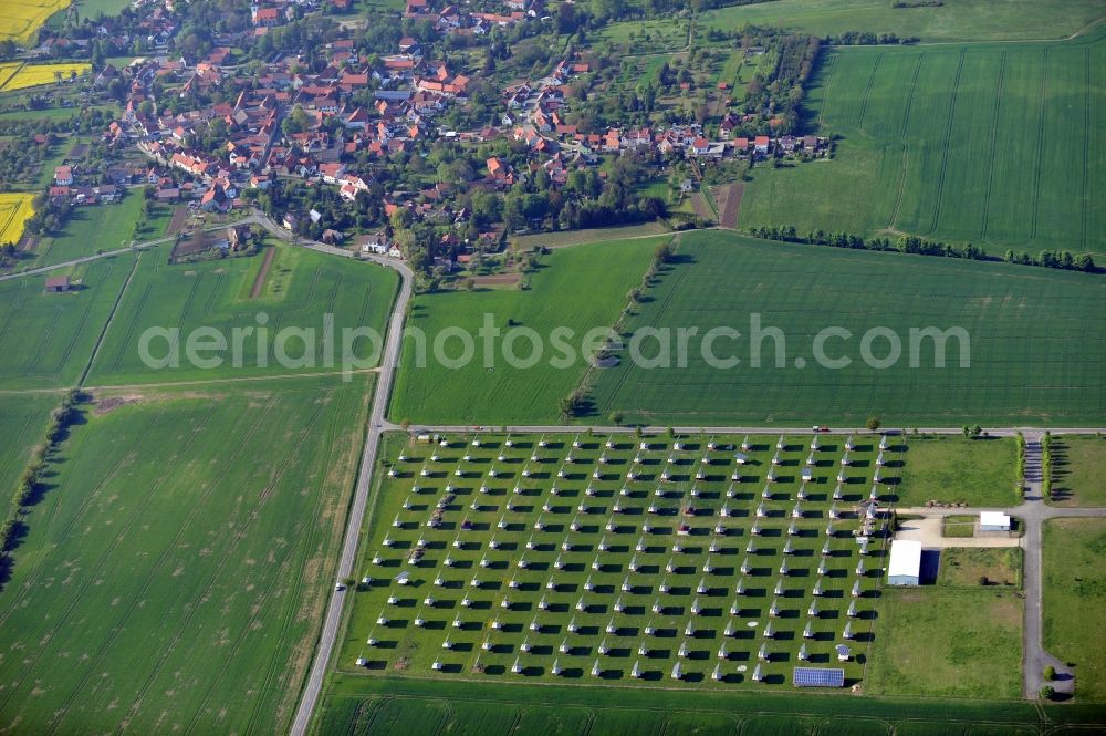 Ballstädt from above - View over the Markus Kaestner solar park Sonnenweide and organic turkey fattening onto Ballstaedt in the state Thuringia