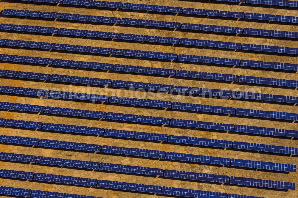 Aspremont from the bird's eye view: Panel rows of photovoltaic and solar farm or solar power plant in Aspremont in Provence-Alpes-Cote d'Azur, France