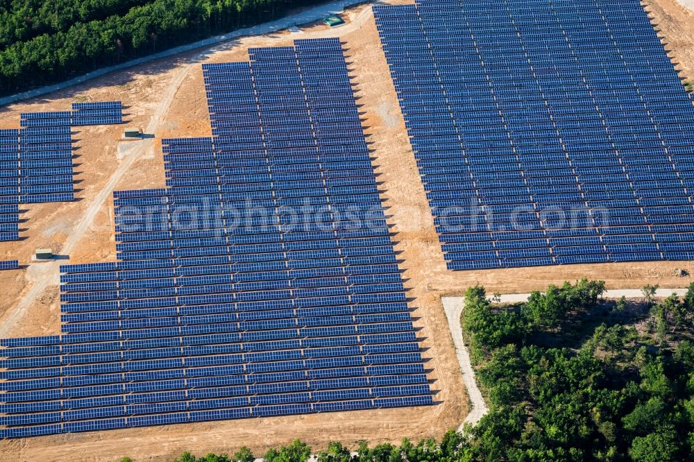 Aerial photograph Aspremont - Panel rows of photovoltaic and solar farm or solar power plant in Aspremont in Provence-Alpes-Cote d'Azur, France