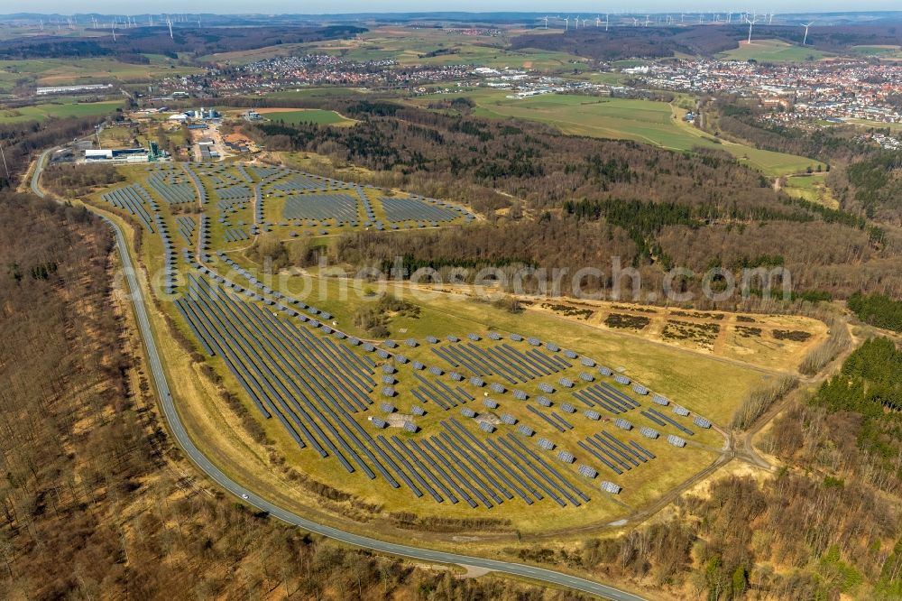 Bad Arolsen from above - Panel rows of photovoltaic and solar farm or solar power plant on the former Gelaende of Prinz-Eugen-Kaserne in Bad Arolsen in the state Hesse, Germany