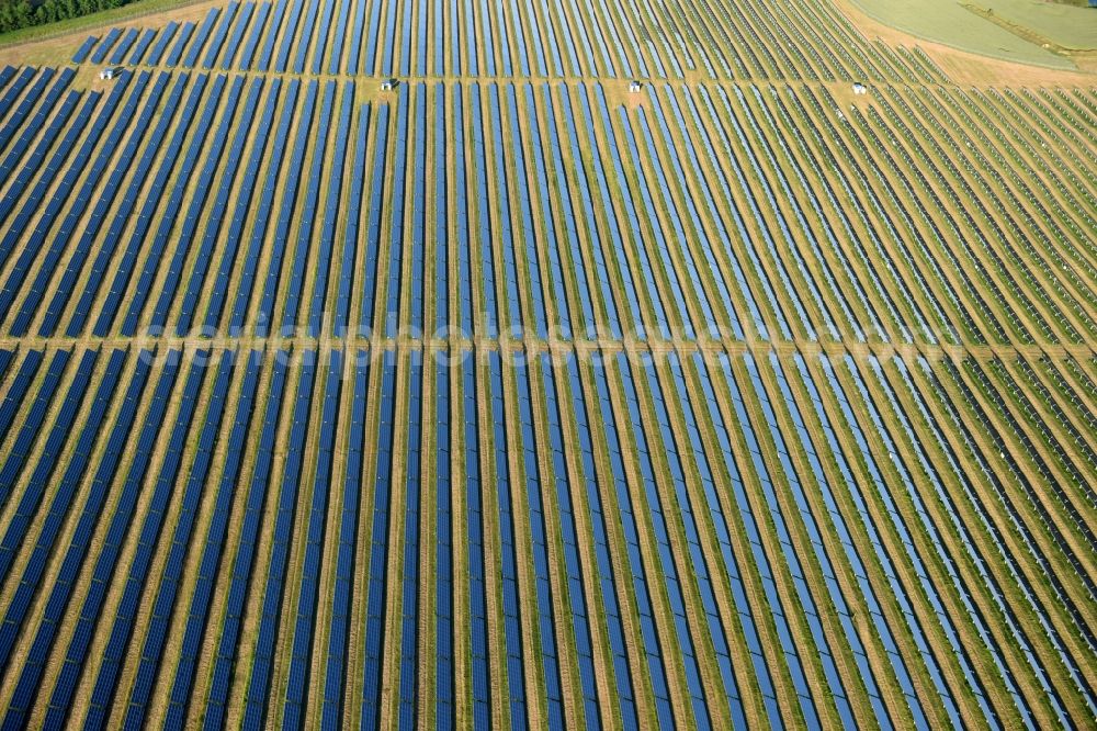 Jabel from above - Panel rows of photovoltaic and solar farm or solar power plant in Jabel in the state Mecklenburg - Western Pomerania, Germany