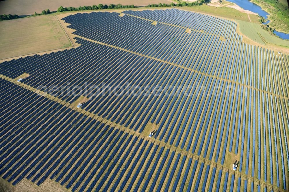 Jabel from the bird's eye view: Panel rows of photovoltaic and solar farm or solar power plant in Jabel in the state Mecklenburg - Western Pomerania, Germany