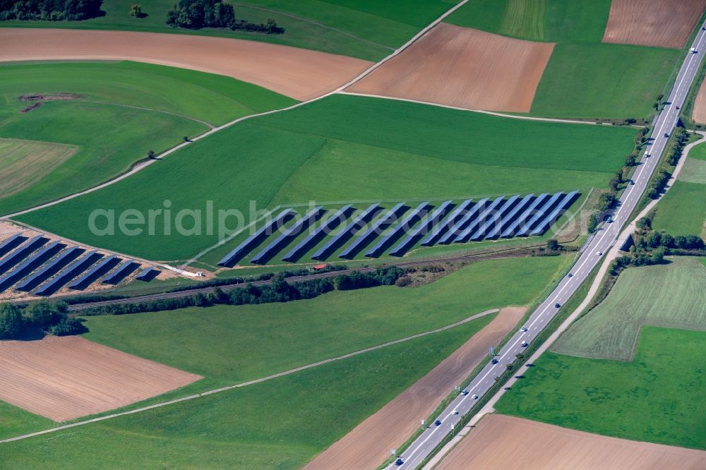 Löffingen from above - Panel rows of photovoltaic and solar farm or solar power plant in Loeffingen in the state Baden-Wurttemberg, Germany