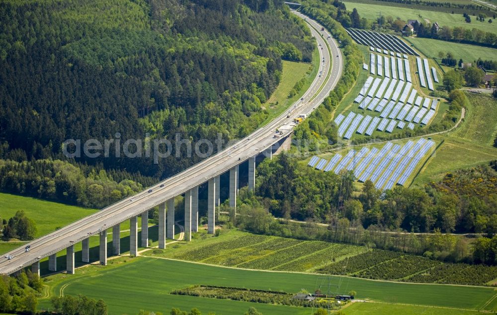 Aerial photograph Meschede - Panel rows of photovoltaic and solar farm or solar power plant in Meschede in the state North Rhine-Westphalia