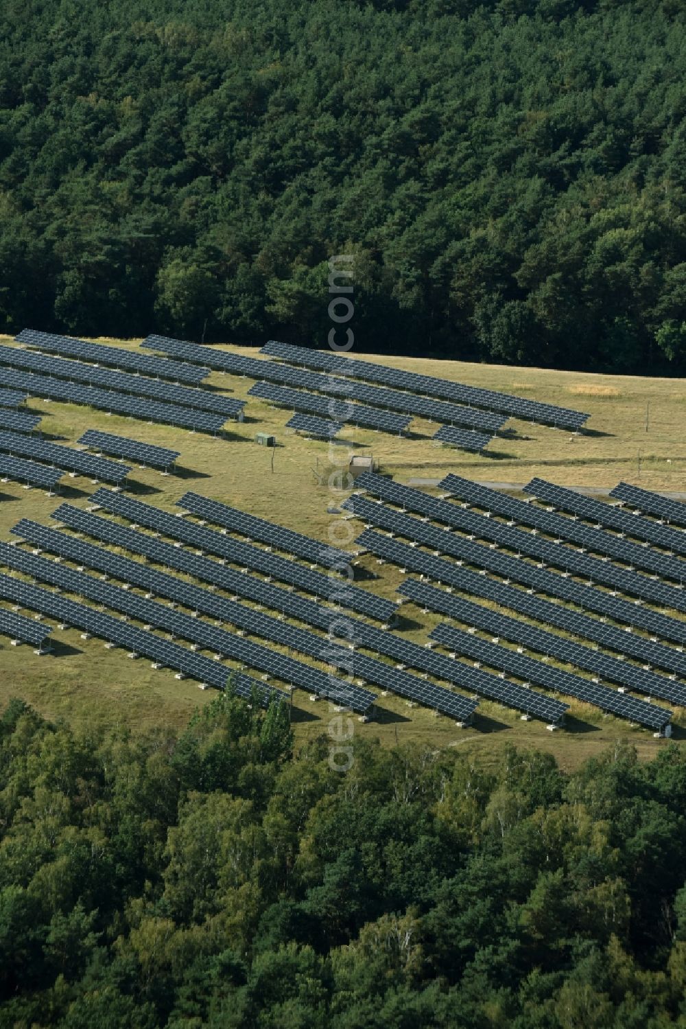 Lutherstadt Wittenberg from above - Panel rows of photovoltaic and solar farm or solar power plant on a renatured landfill in Tonmark in the state Saxony-Anhalt