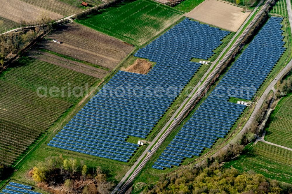 Aerial photograph Vogtsburg im Kaiserstuhl - Panel rows of photovoltaic and solar farm or solar power plant in Vogtsburg im Kaiserstuhl in the state Baden-Wuerttemberg, Germany