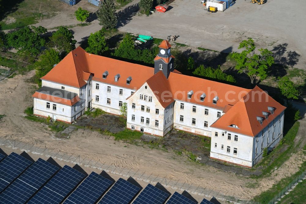 Zeithain from above - Panel rows of photovoltaic and solar farm or solar power plant in Zeithain in the state Saxony, Germany