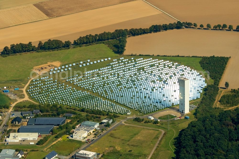 Aerial image Jülich - Panel line up of the Photovoltaik arrangement and solar park or solar-thermal test power station with solar tower in Juelich in the federal state North Rhine-Westphalia, Germany