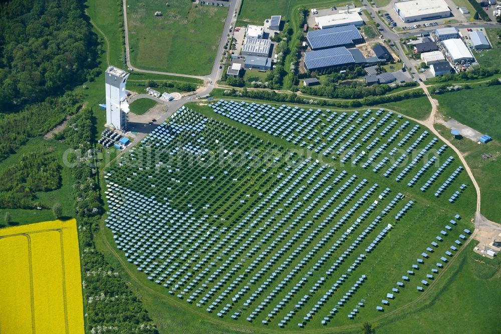 Aerial image Jülich - Panel line up of the Photovoltaik arrangement and solar park or solar-thermal test power station with solar tower in Juelich in the federal state North Rhine-Westphalia, Germany