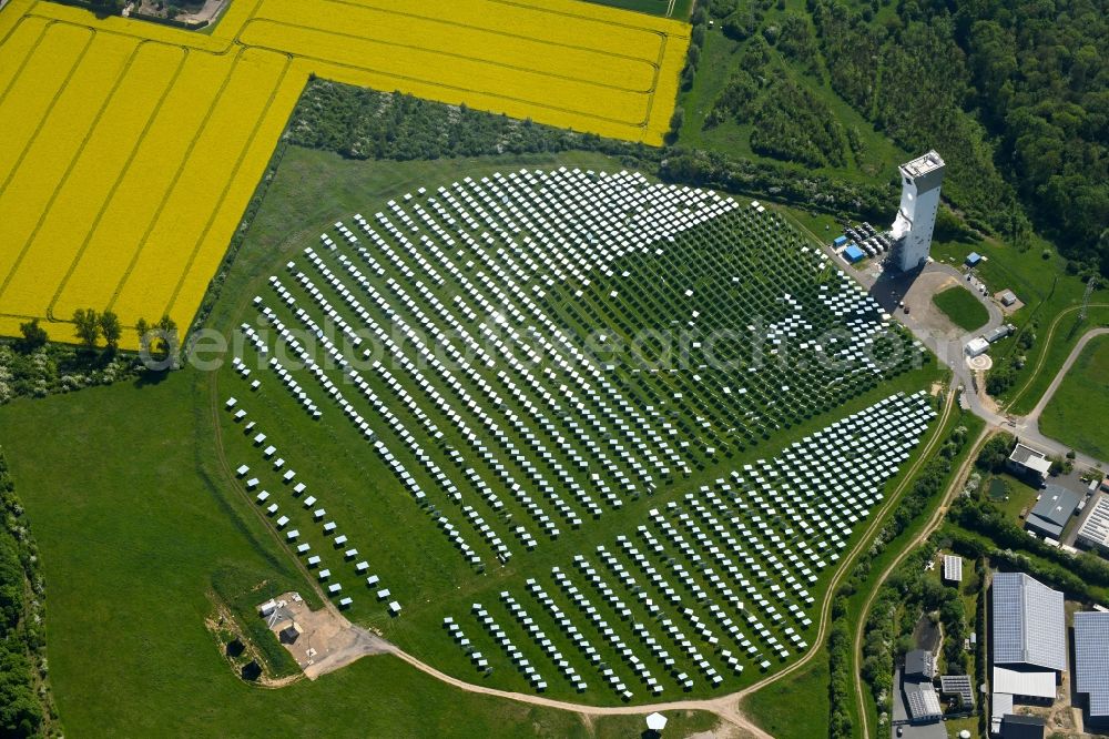 Aerial image Jülich - Panel line up of the Photovoltaik arrangement and solar park or solar-thermal test power station with solar tower in Juelich in the federal state North Rhine-Westphalia, Germany