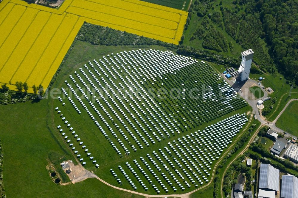 Jülich from above - Panel line up of the Photovoltaik arrangement and solar park or solar-thermal test power station with solar tower in Juelich in the federal state North Rhine-Westphalia, Germany