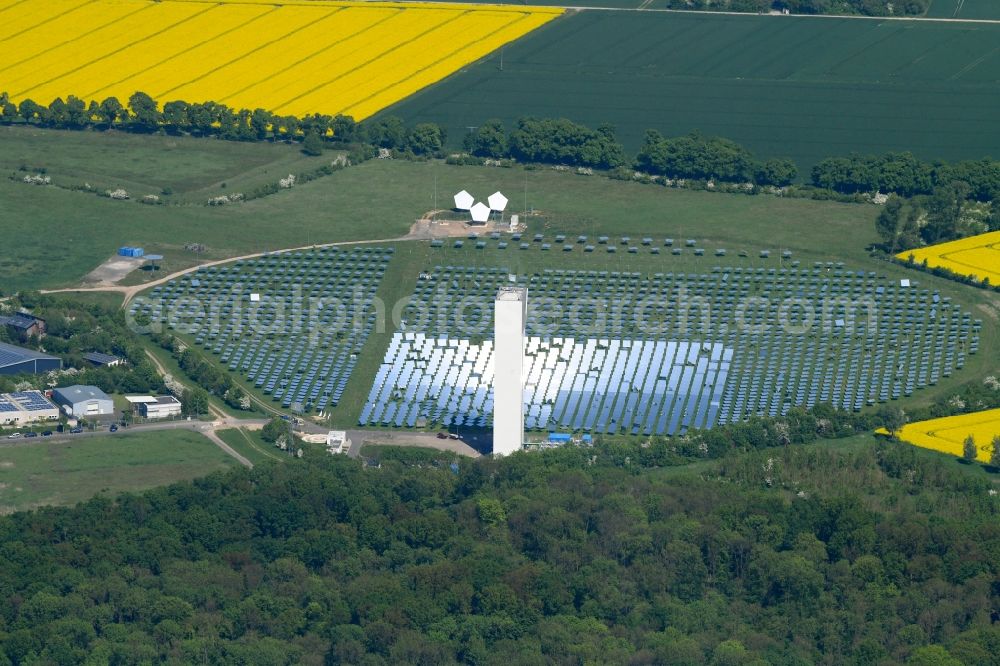 Aerial image Jülich - Panel line up of the Photovoltaik arrangement and solar park or solar-thermal test power station with solar tower in Juelich in the federal state North Rhine-Westphalia, Germany