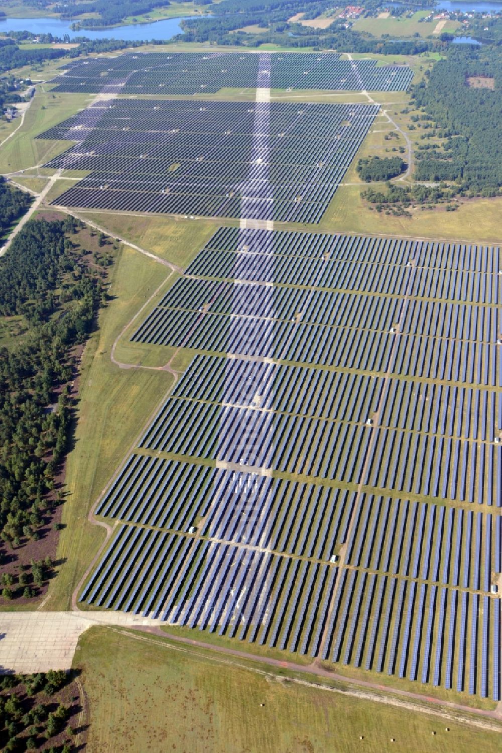 Aerial image Brandenburg an der Havel - View on the largest solar Park in Europe on the former NVA airfield Brandenburg-Briest in Brandenburg an der Havel in the Federal State of Brandenburg. It is a joint project between the company of Q-cells and the investors Luxcara GmbH and the MCG group