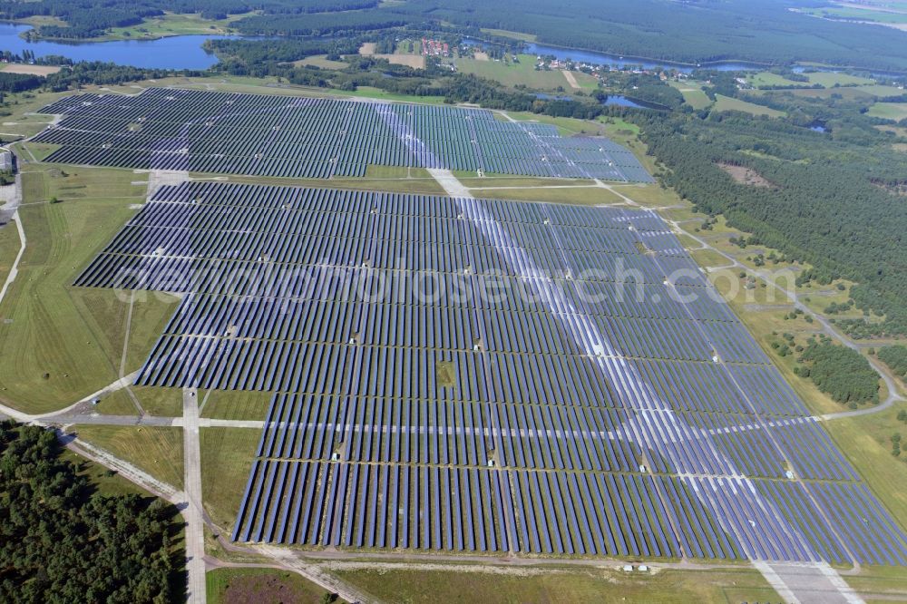 Aerial image Brandenburg an der Havel - View on the largest solar Park in Europe on the former NVA airfield Brandenburg-Briest in Brandenburg an der Havel in the Federal State of Brandenburg. It is a joint project between the company of Q-cells and the investors Luxcara GmbH and the MCG group
