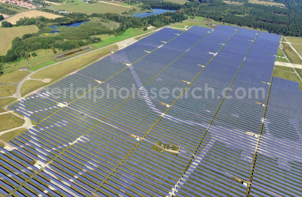 Aerial image Brandenburg an der Havel - View on the largest solar Park in Europe on the former NVA airfield Brandenburg-Briest in Brandenburg an der Havel in the Federal State of Brandenburg. It is a joint project between the company of Q-cells and the investors Luxcara GmbH and the MCG group