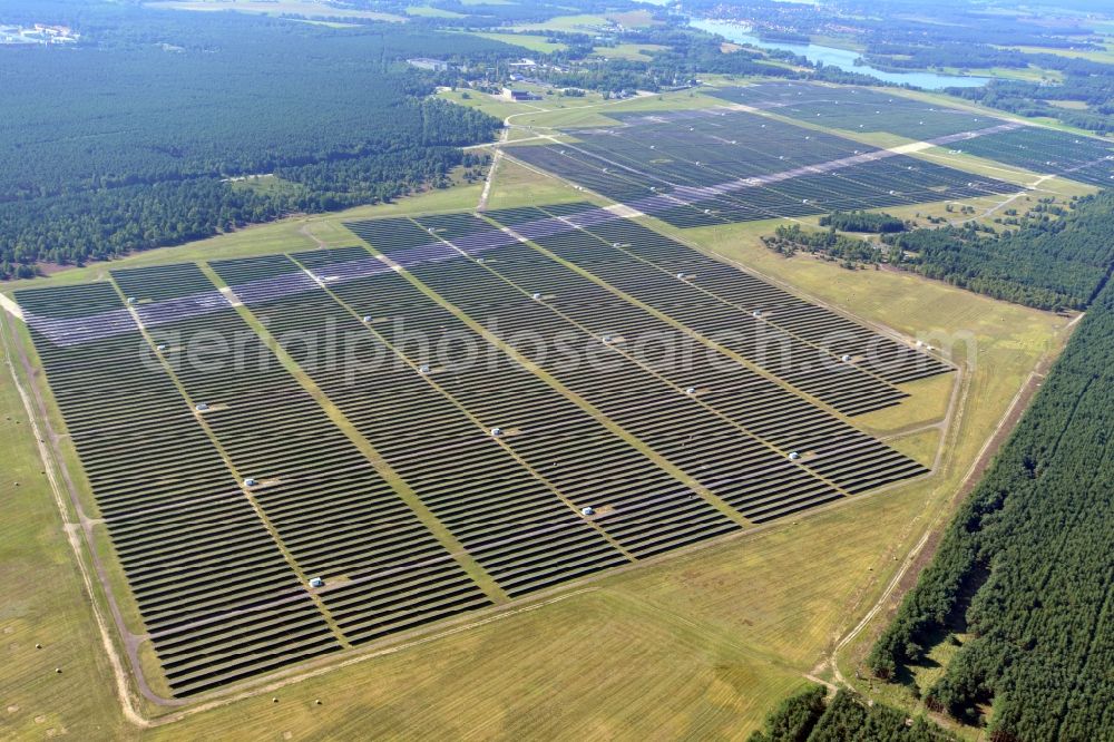 Brandenburg an der Havel from the bird's eye view: View on the largest solar Park in Europe on the former NVA airfield Brandenburg-Briest in Brandenburg an der Havel in the Federal State of Brandenburg. It is a joint project between the company of Q-cells and the investors Luxcara GmbH and the MCG group
