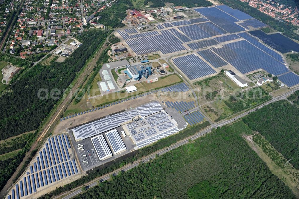 Aerial image Lauta - The completed construction work on the photovoltaic system solar park Lauta on one part of the former Lautawerk-area