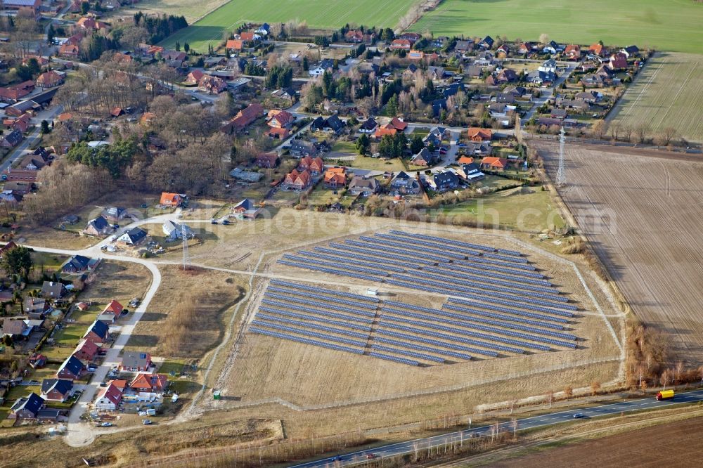 Embsen from the bird's eye view: Solar park in Oerzen in Embsen in the state Lower Saxony