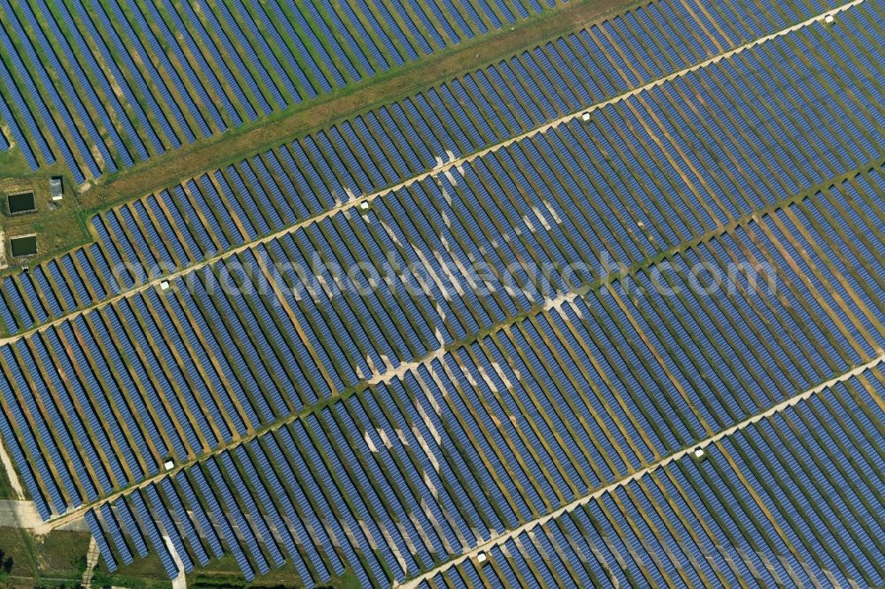 Neuhardenberg from above - Solar Park - Solar power plant and photovoltaic system BaySolar Projekt GmbH on the site of the airfield Neuhardenberg in Brandenburg. http://