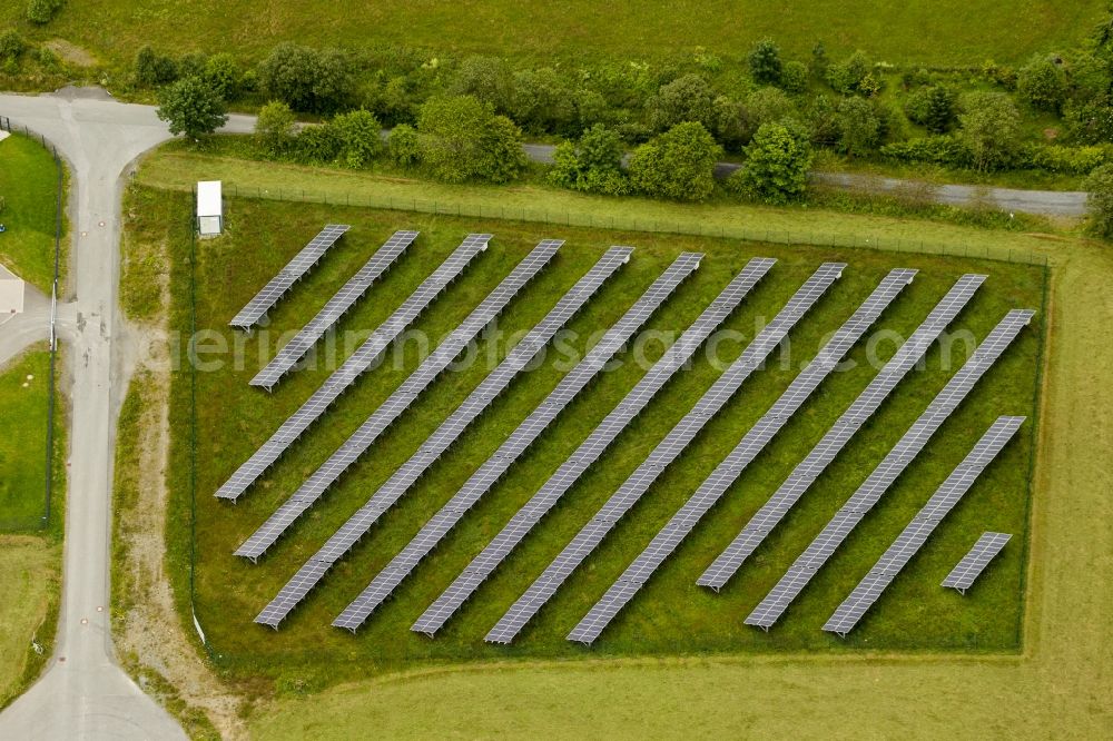 Winterberg from above - View at the solar farm on the outskirts of in Winterberg in Winterberg in the federal state North Rhine-Westphalia. The photovoltaic system supplies the power for the snowmaking equipment