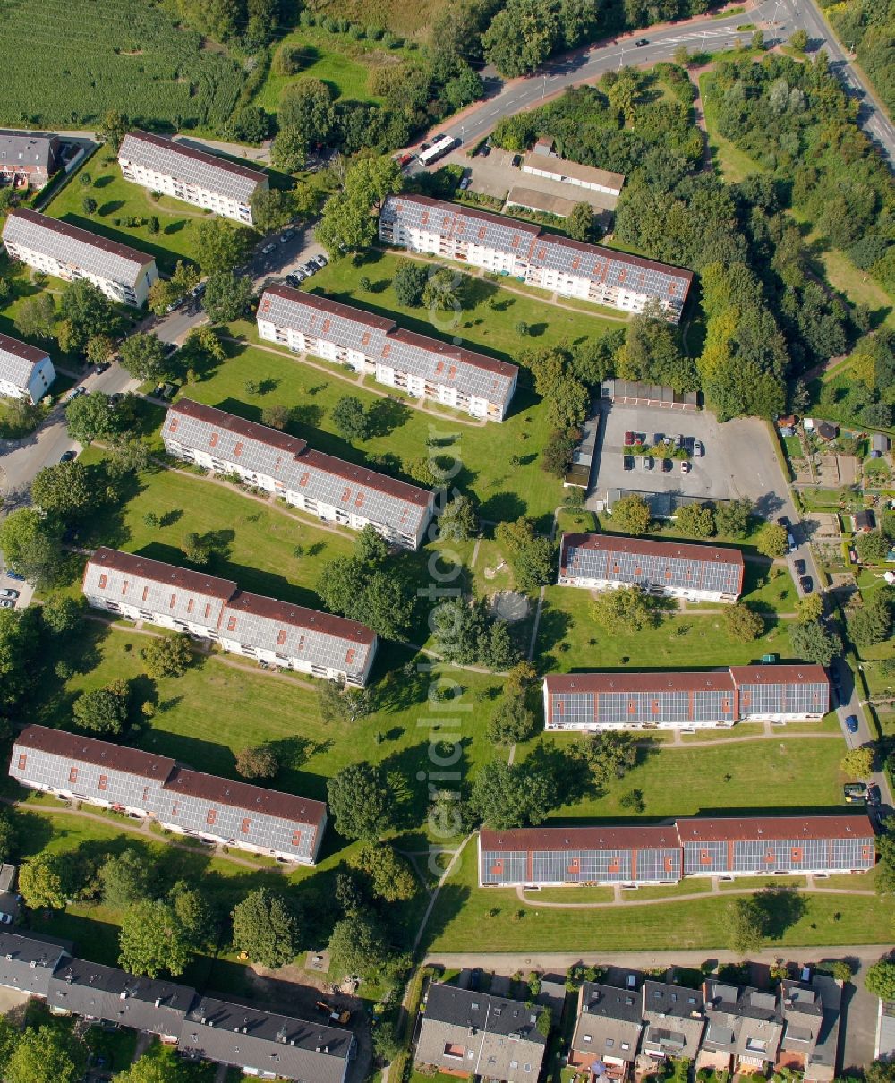 Gelsenkirchen from the bird's eye view: View of the solar village Gelsenkirchen-Schaffrath in Gelsenkirchen in the state North Rhine-Westphalia