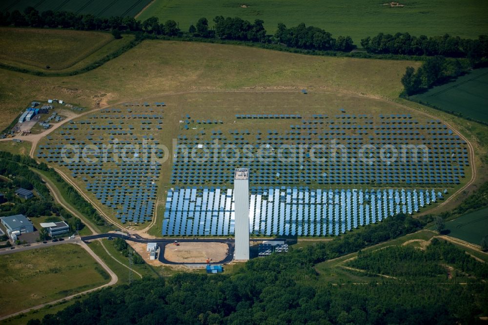 Jülich from above - Solar thermal power plant with experimental solar tower in Juelich in the state of North Rhine-Westphalia