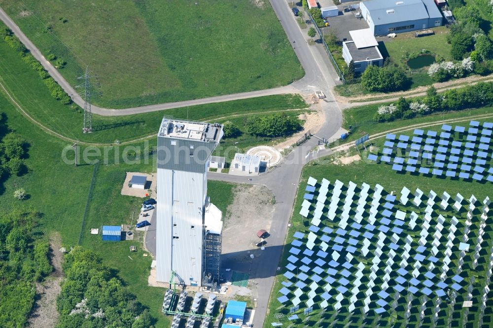 Jülich from above - Panel line up of the Photovoltaik arrangement and solar park or solar-thermal test power station with solar tower in Juelich in the federal state North Rhine-Westphalia, Germany