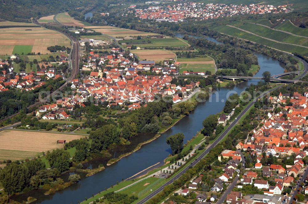 Aerial image WINTERHAUSEN - Blick über Winterhausen (rechts), Sommerhausen (links) am Main. Winterhausen und Sommerhausen sind Märkte im unterfränkischen Landkreis Würzburg und Mitglieder der Verwaltungsgemeinschaft Eibelstadt. Kontakt: Markt Winterhausen, Gemeindeverwaltung, Rathausplatz 2, 97286 Winterhausen, Tel. +49 (0)9333 214, Fax +49 (0)9333 1802, e-mail: Rathaus@winterhausen.de; Kontakt Sommerhausen: Rathaus, Hauptstraße 15, 97286 Sommerhausen, Tel. +49 (0)9333 216, Fax +49 (0)9333 8226, e-mail: rathaus@sommerhausen.de