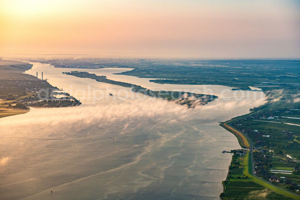 Aerial image Jork - Sunrise over the landscape of the mist covered Elbe island along the Elbe river in the district Wedel in Hamburg, Germany