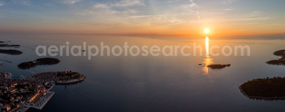 Aerial image Rovinj - Sunset over the Adriatic coast in Rovinj in Istirien - Istarska zupanija, Croatia