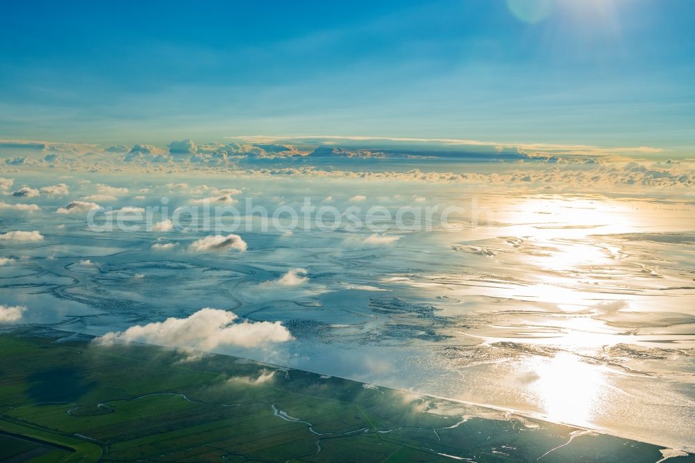 Cuxhaven from above - Sunset over the Wadden Sea landscape on the North Sea coast in Cuxhaven in the state, Germany