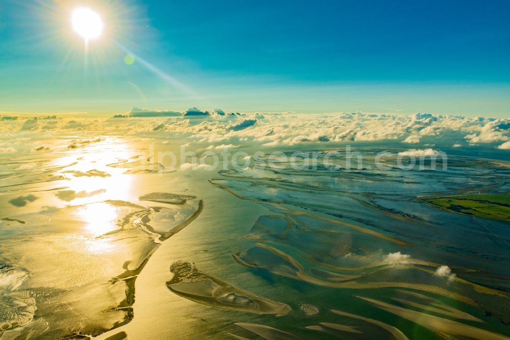 Cuxhaven from above - Sunset over the Wadden Sea landscape on the North Sea coast in Cuxhaven in the state, Germany