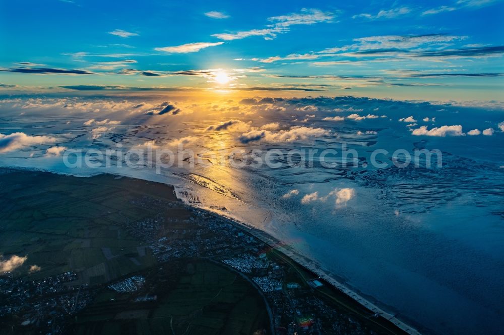 Cuxhaven from above - Sunset over the Wadden Sea landscape on the North Sea coast in Cuxhaven in the state, Germany