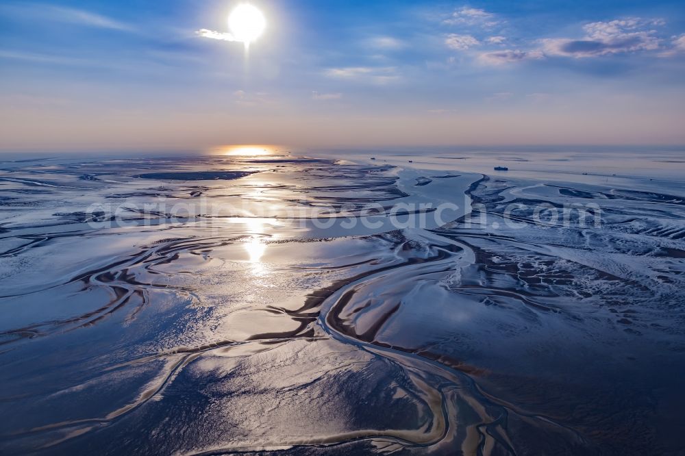 Aerial image Cuxhaven - Sunset over the Wadden Sea landscape on the North Sea coast in Cuxhaven in the state, Germany