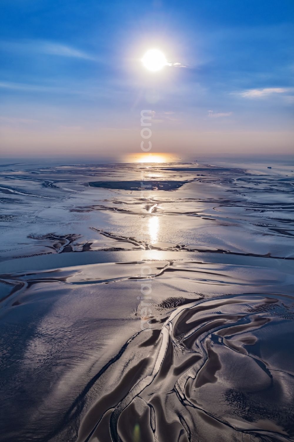 Aerial photograph Cuxhaven - Sunset over the Wadden Sea landscape on the North Sea coast in Cuxhaven in the state, Germany