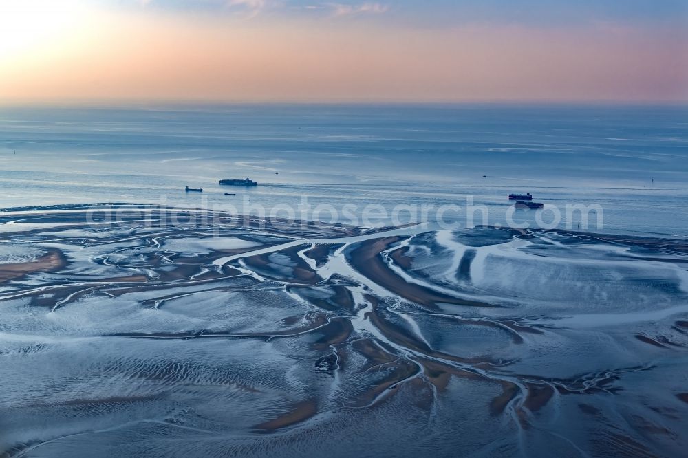 Aerial photograph Cuxhaven - Sunset over the Wadden Sea landscape on the North Sea coast in Cuxhaven in the state, Germany